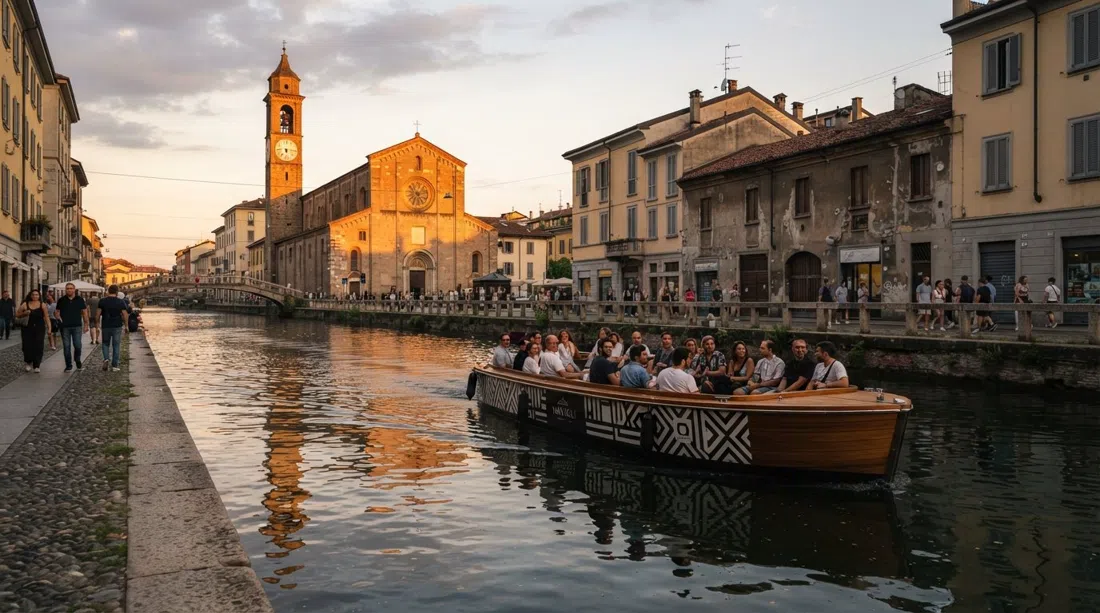 an electric canal cruise boat on the Naviglio Grande near sunset, with San Cristoforo sul Naviglio and canal reflections in the background