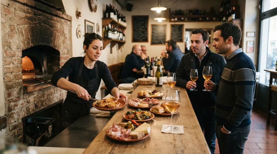 a long counter at Silvano – vini e cibi al banco in Piazza Morbegno, plates emerging from the old bakery oven beside glasses of natural wine