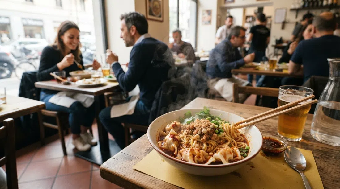 a bowl of spicy Sichuan noodles and dumplings at Le Nove Scodelle on Viale Monza, steam rising over a cheap, vivid lunch plate