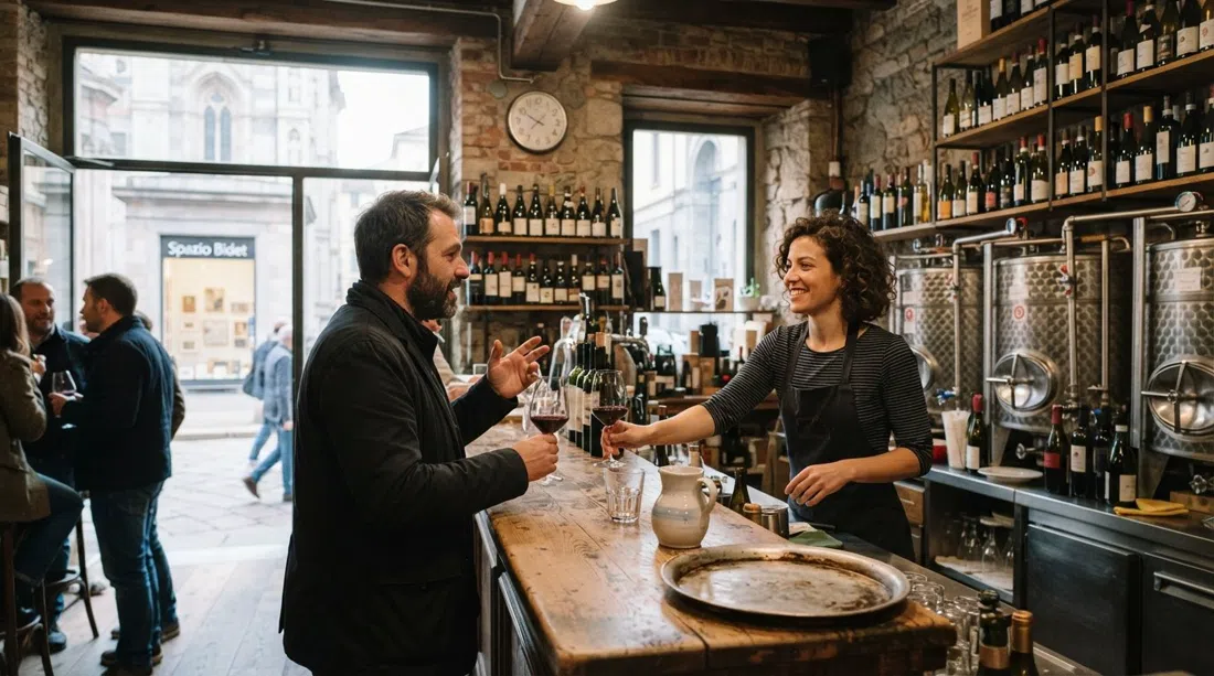 the bar counter at Enoteca La Botte Fatale on Via Giacosa, steel wine tanks behind the glasses and the tiny Spazio Bidet gallery in the front window
