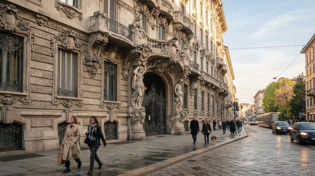 Palazzo Castiglioni on Corso Venezia, its heavy Liberty stonework and sculptural facade seen from pavement level in soft afternoon light