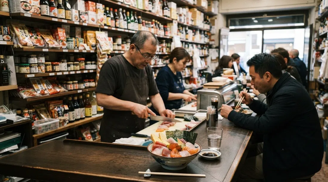 the compact sushi counter at Shiro Poporoya on Via Eustachi, with a chirashi bowl and grocery shelves packed tightly behind the bar