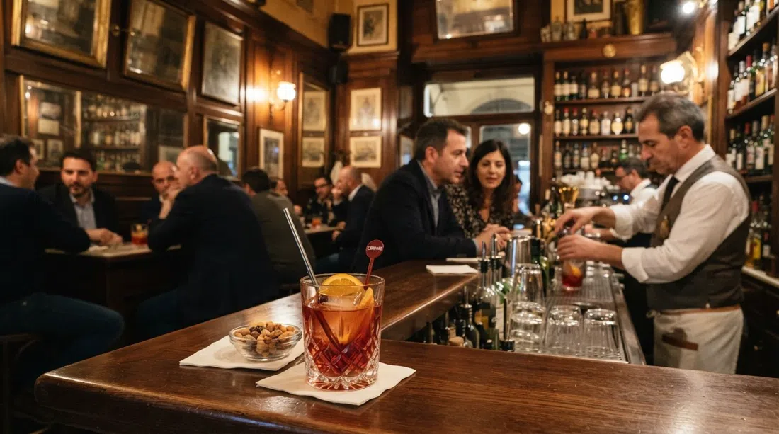 Bar Basso on Via Plinio, a wood-panelled Milanese bar interior with a Negroni Sbagliato on the counter and old-school amber lighting