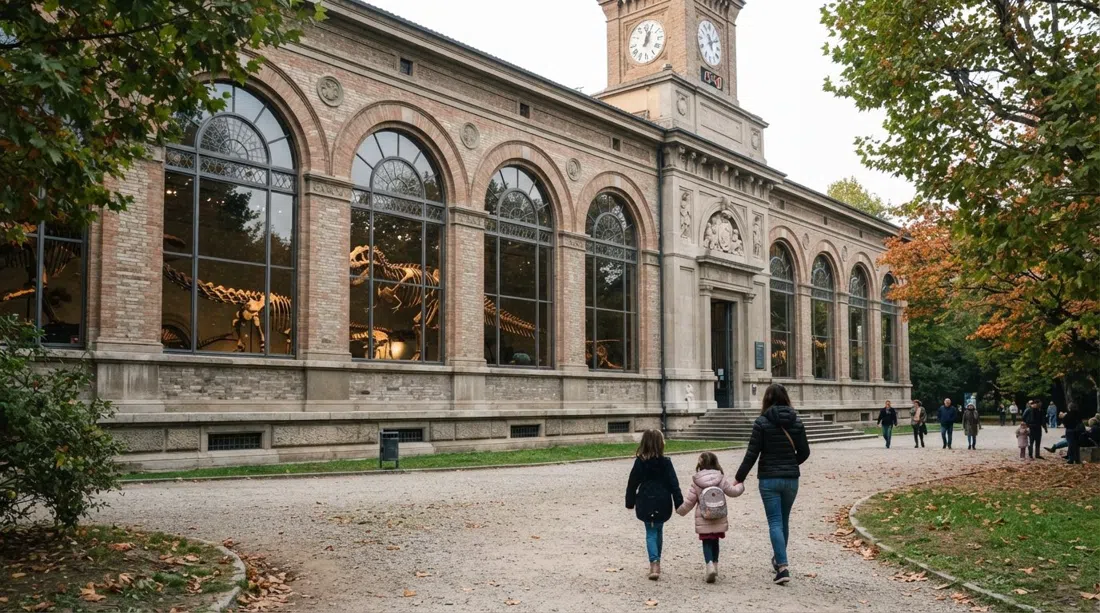 the Museo Civico di Storia Naturale in the Giardini Pubblici Indro Montanelli, with dinosaur skeletons visible through tall museum windows