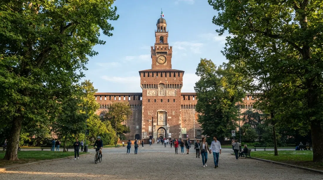 Castello Sforzesco seen from the park edge at soft morning light, red-brick walls and the broad entrance framed by plane trees