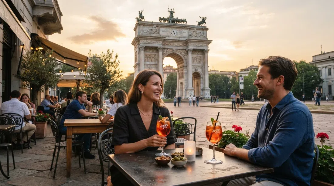 Living Liqueurs & Delights at Piazza Sempione with the Arco della Pace in full view at golden hour, cocktail glasses on the terrace tables