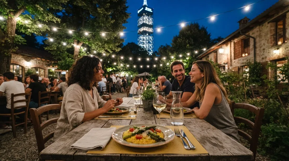 a seasonal plate at Cascina Nascosta under Torre Branca, string lights glowing over a rustic farmhouse table in the park