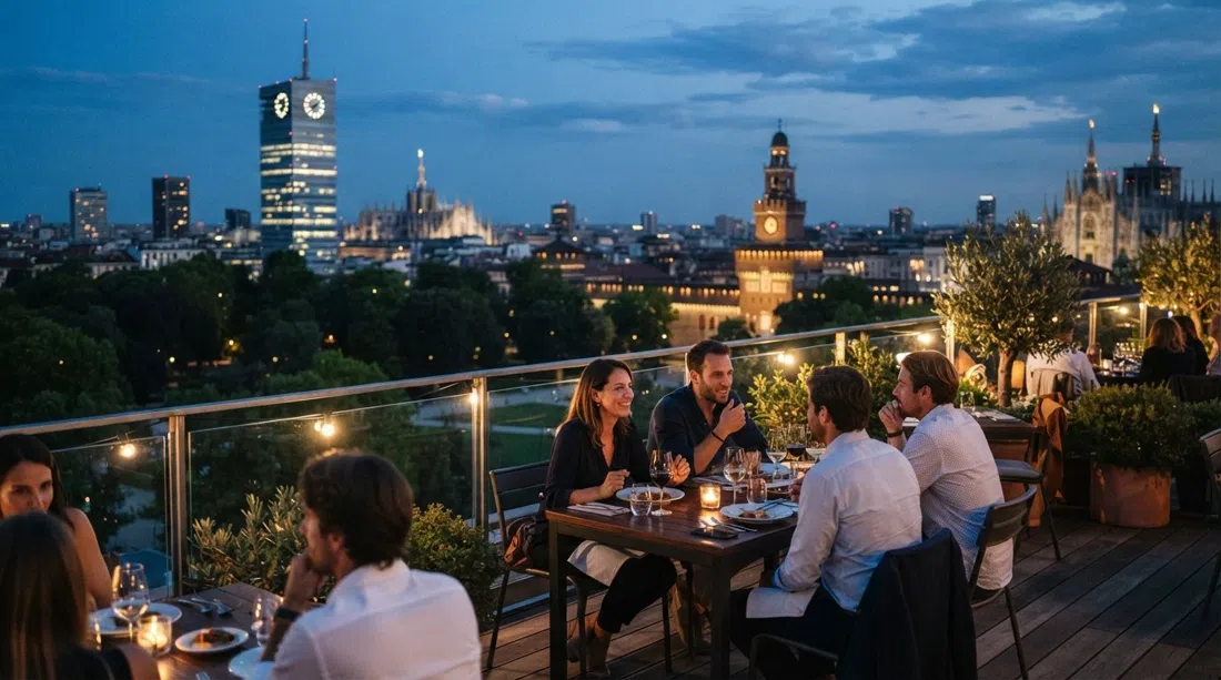 Terrazza Triennale — Osteria con Vista at dusk, rooftop tables overlooking Parco Sempione, Castello Sforzesco and the Milan skyline