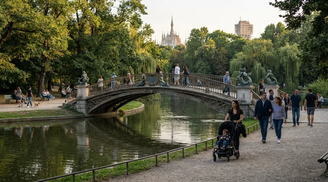 Parco Sempione in late afternoon, the pond, Ponte delle Sirenette and shaded gravel paths with walkers and strollers