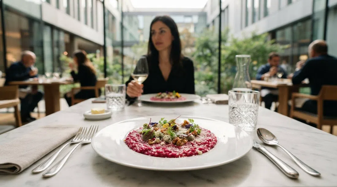 a plated beetroot risotto with gorgonzola at Enrico Bartolini al Mudec, fine-dining presentation on a white plate with the MUDEC interior garden softly visible beyond