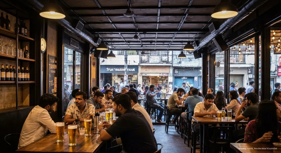 the lively interior of True Tramm Trunk on VL Mehta Road, with craft beer glasses, live-music lights and a packed early-evening crowd