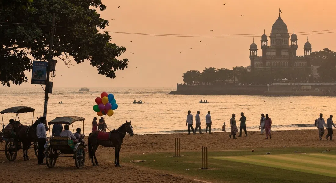 sunset on Juhu Beach with horse carts, balloon sellers, cricket games and walkers silhouetted against the Arabian Sea