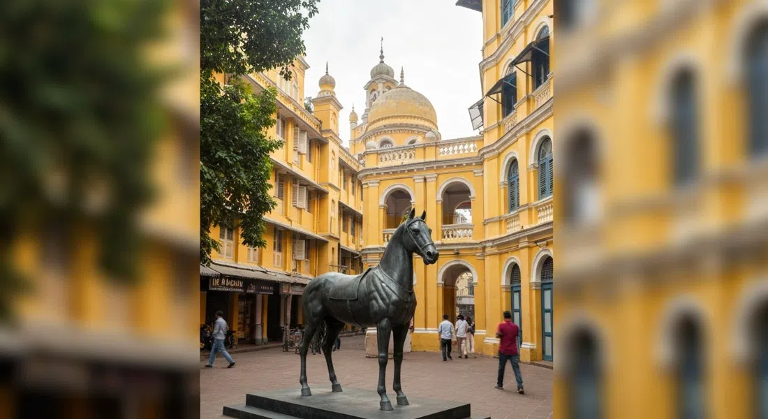 the Spirit of Kala Ghoda riderless horse sculpture at the precinct’s meeting point, framed against yellow heritage buildings in soft morning light
