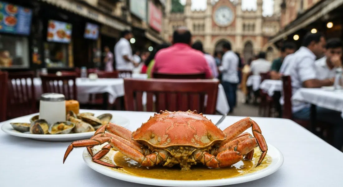 a butter-garlic crab at Trishna on Sai Baba Marg, glossy shell and pooled sauce on a white table in a packed seafood room