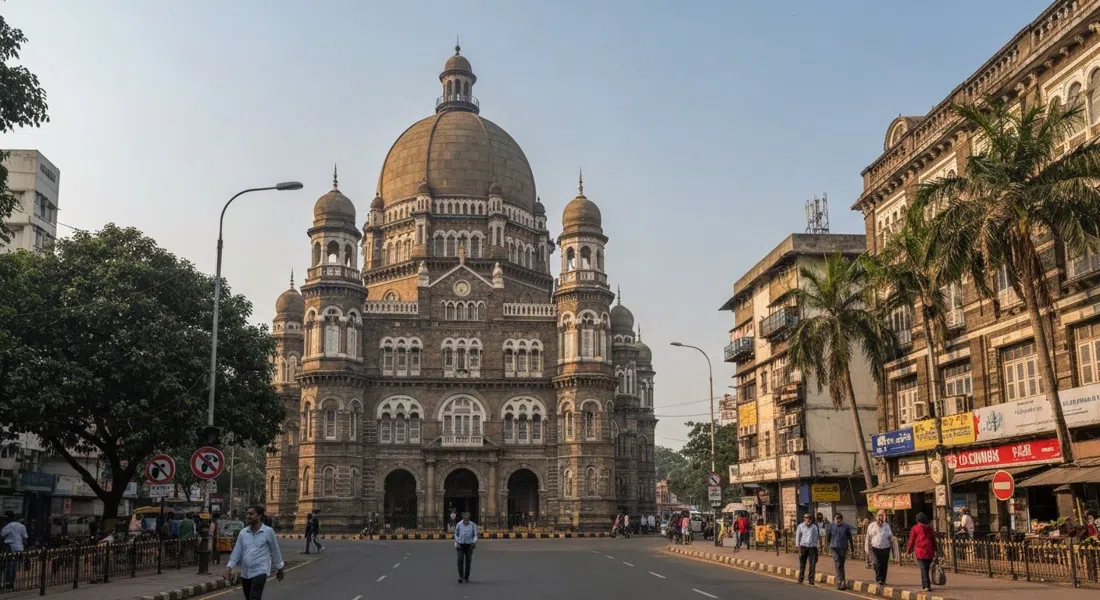 the domed facade of Chhatrapati Shivaji Maharaj Vastu Sangrahalaya on MG Road, seen from street level in bright late-morning light