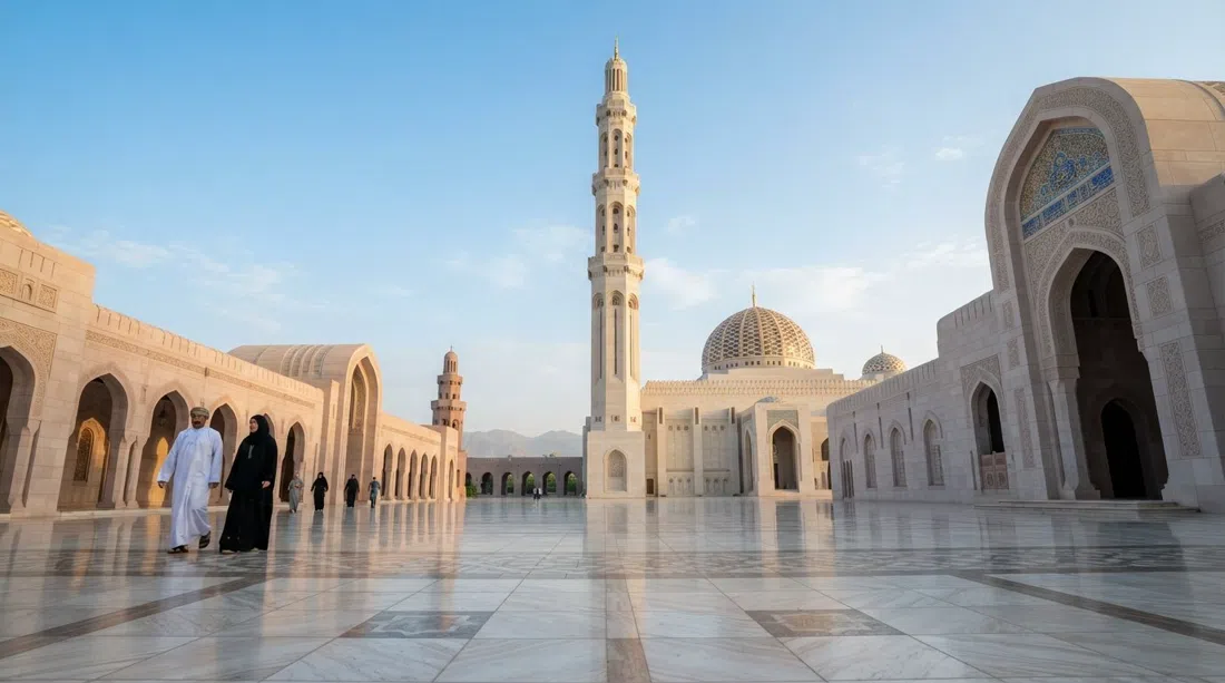 Sultan Qaboos Grand Mosque in Al Khuwair at morning light, its vast courtyard and minaret seen from a low angle with pale stone glowing under a blue Muscat sky