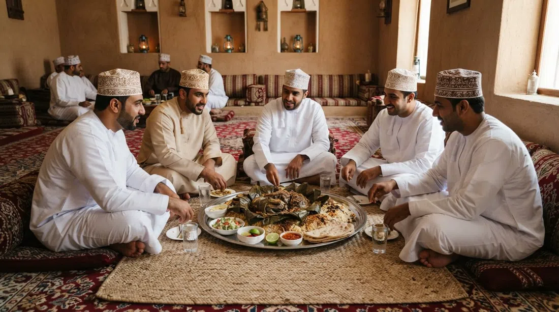 a private carpeted dining room at Bin Ateeq in Al Khuwair, floor seating around a large communal tray with shuwa and majboos served traditionally