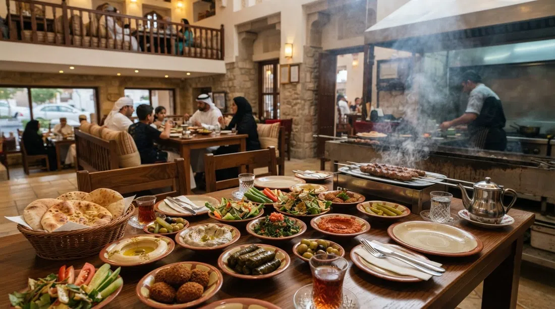 a generous Lebanese mezze spread at Al Jood in Al Khuwair, with charcoal grill smoke, fresh manakish and family seating visible upstairs