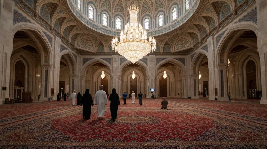 the interior prayer hall of Sultan Qaboos Grand Mosque in Al Khuwair, with the giant crystal chandelier and vast patterned carpet seen in soft morning light