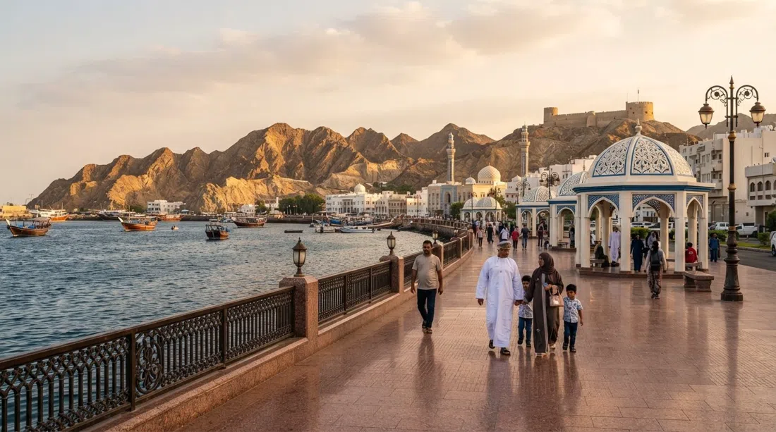 the Mutrah Corniche at golden hour, red-granite paving, domed shade shelters and the harbour on one side, ochre hills rising on the other
