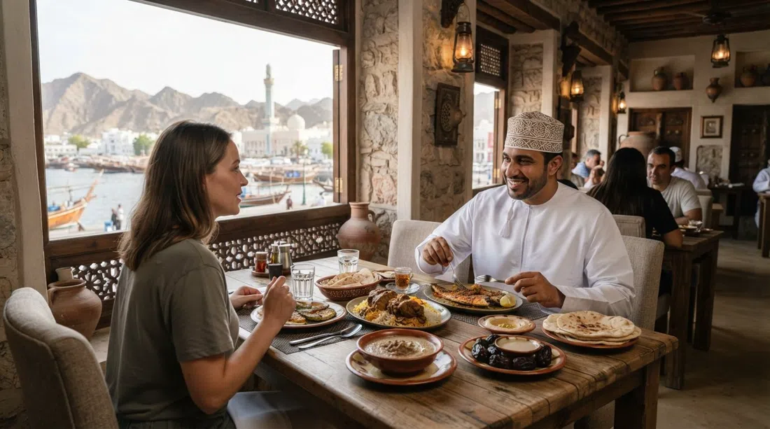 a harbour-facing table at Bait Al Luban with shuwa, grilled kingfish, harees and dates set out in a restored merchant-house dining room