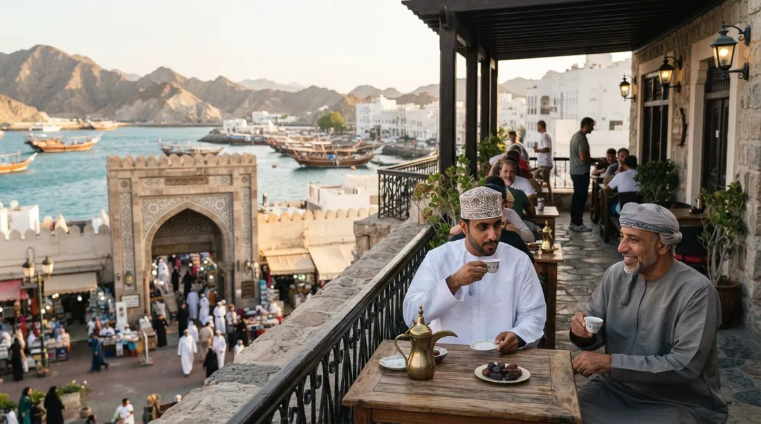 the Corniche Cafe above the souq entrance, a small terrace with cups of Omani coffee and the harbour below in late-afternoon light