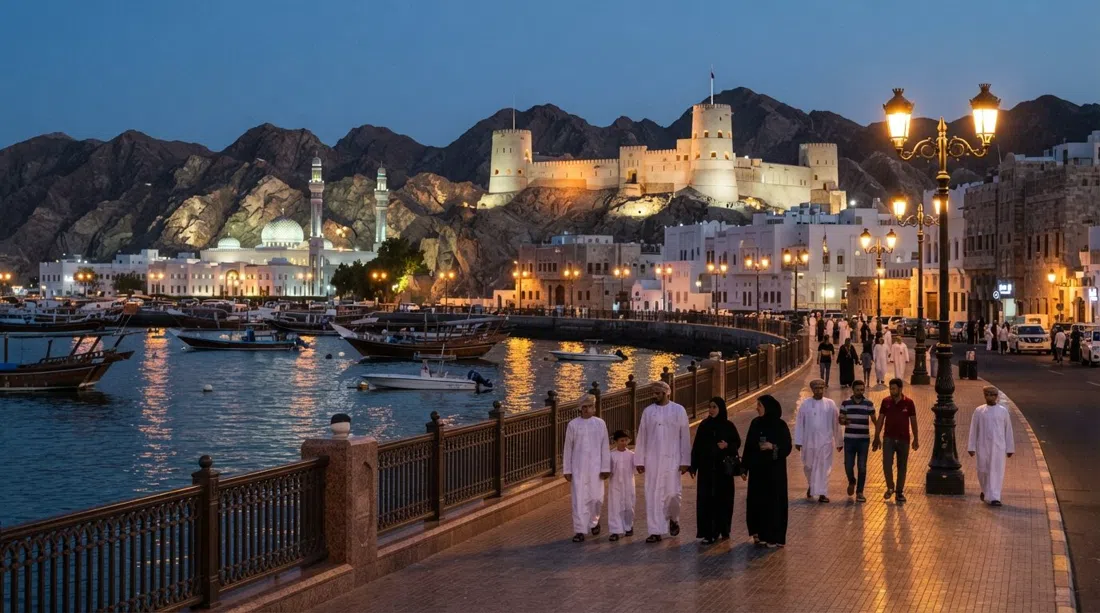 the Mutrah Corniche after sunset, families strolling under streetlights with the mosque domes and Mutrah Fort floodlit above the harbour