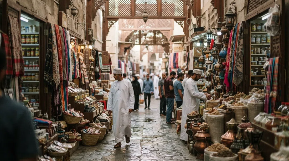 inside Mutrah Souq, a narrow lane lit by shafts of light through carved wooden screens, frankincense and spice shops on both sides