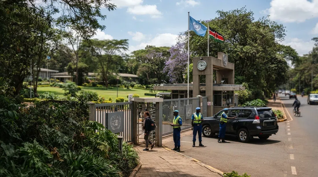 the UN Office at Nairobi campus on Limuru Road, set behind landscaped woodland and lawns with a guarded diplomatic entrance