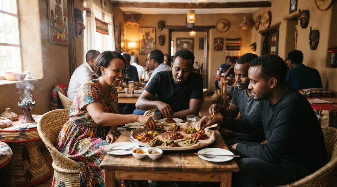 the dining room at Habesha behind the US Embassy, with injera platters, spiced stews and a warm frankincense-lit former house interior