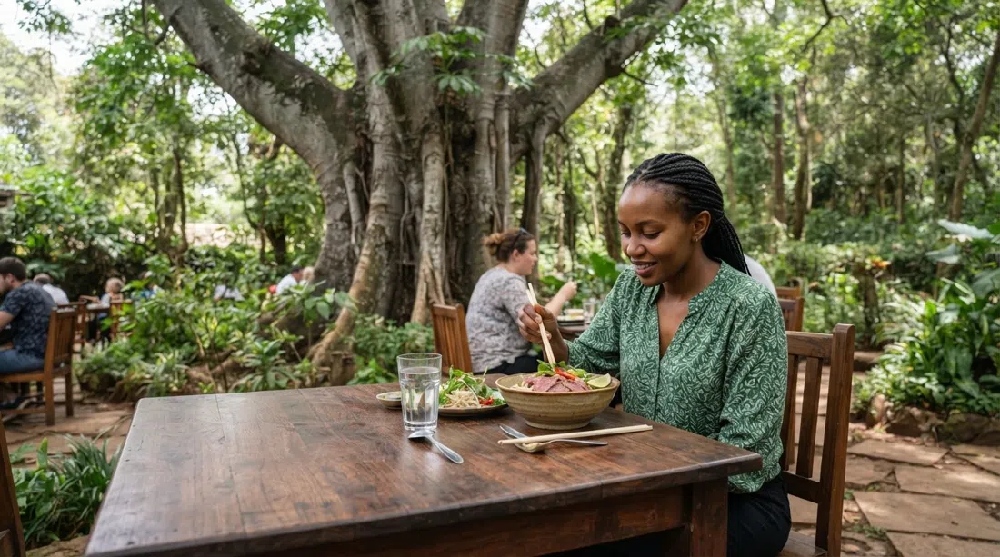 Cotton Tree on Thigiri Lane near Karura’s Sigiria gate, with a leafy garden table and a bowl of beef pho in soft daylight