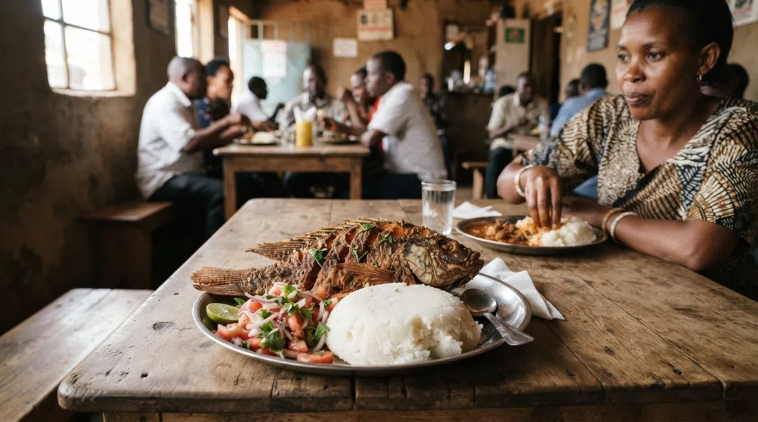 a whole deep-fried tilapia plate at Mama Oliech in a rustic Nairobi dining room, served with ugali and kachumbari on a simple table