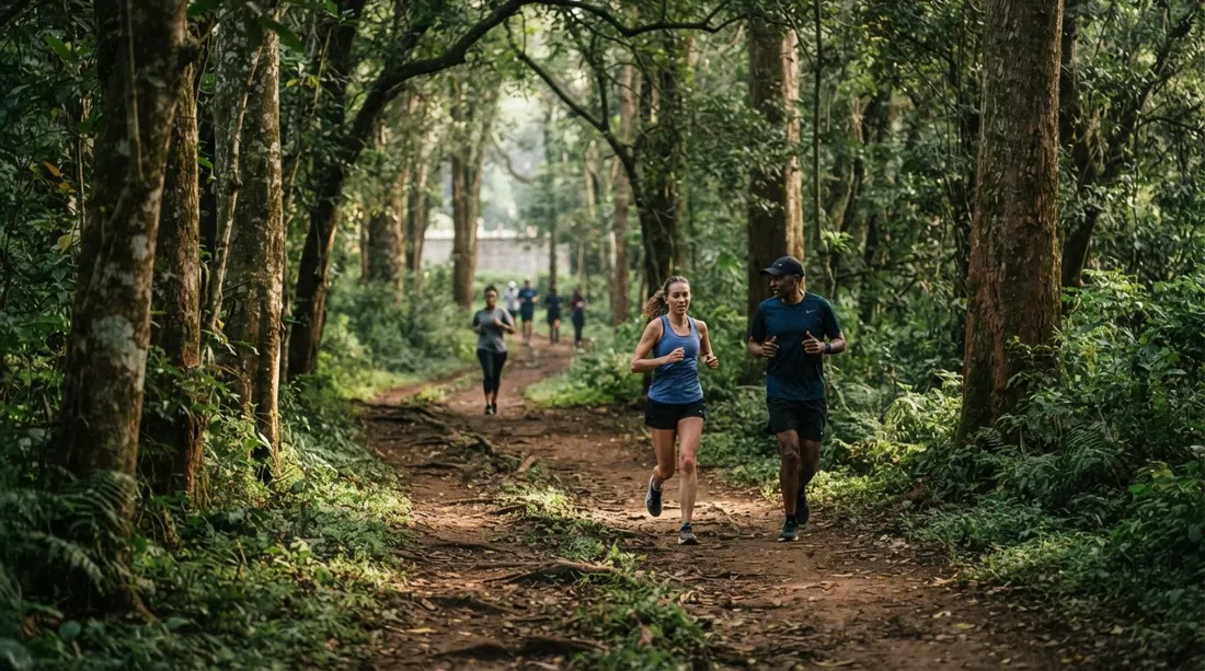 a shaded trail inside the Nairobi Arboretum at early morning, with runners, trees and dappled light near State House