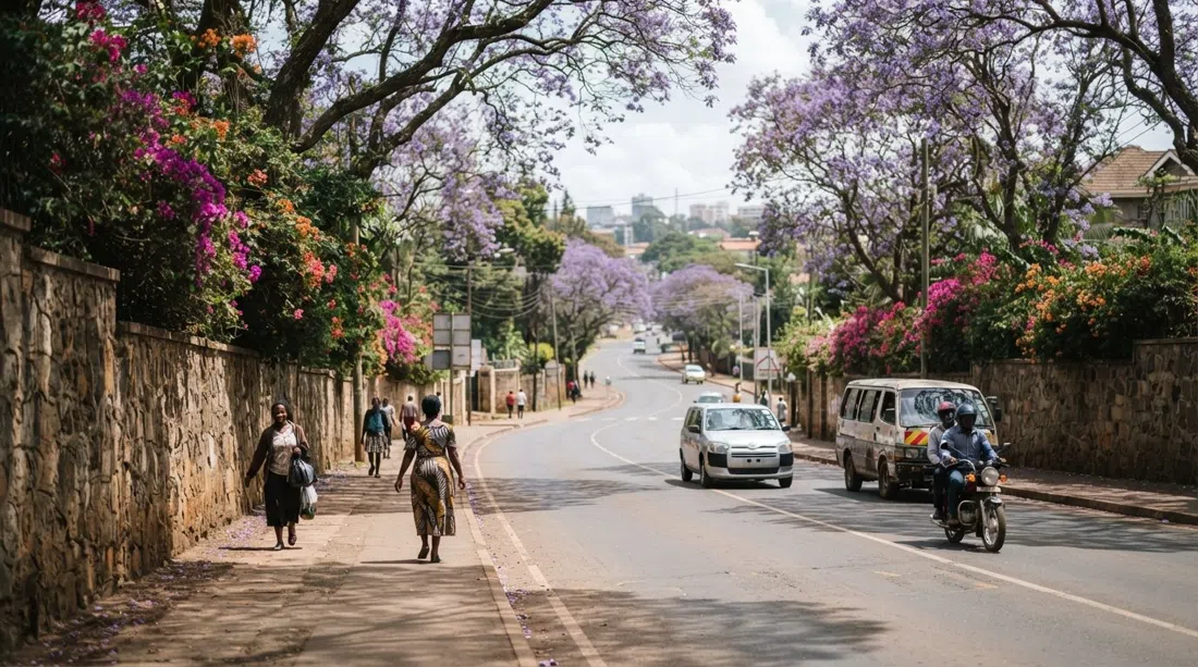 James Gichuru Road in Lavington at late morning, jacaranda shade over wide lanes and high stone walls topped with bougainvillea