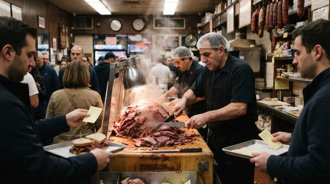 the Katz's Delicatessen pastrami counter on East Houston Street, steam rising over the carving station and paper tickets in hand under bright deli lights