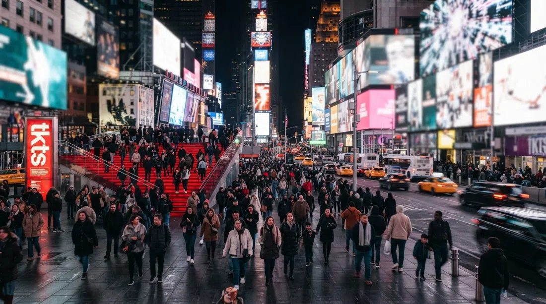 Times Square at night with animated billboards, dense crowds, and the red TKTS steps glowing in Father Duffy Square