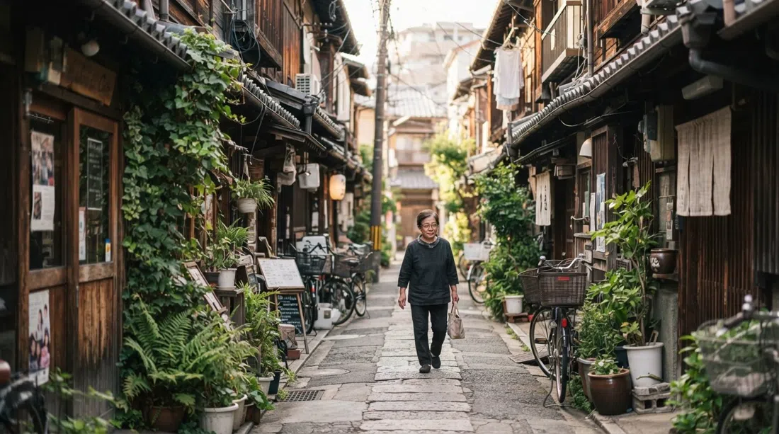 a narrow Nakazakicho lane lined with surviving wooden nagaya row houses, hand-painted signs, ivy-clad facades and a quiet afternoon light