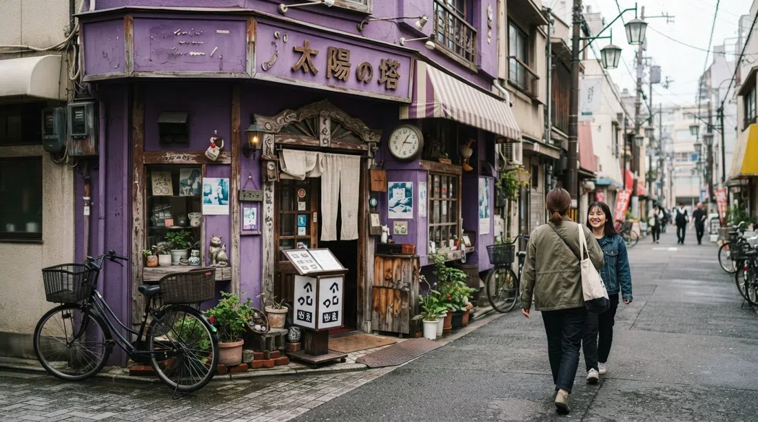 the bright purple facade of Taiyo no To in Nakazakicho, with its old-school jun-kissa signage and a calm street view in daytime