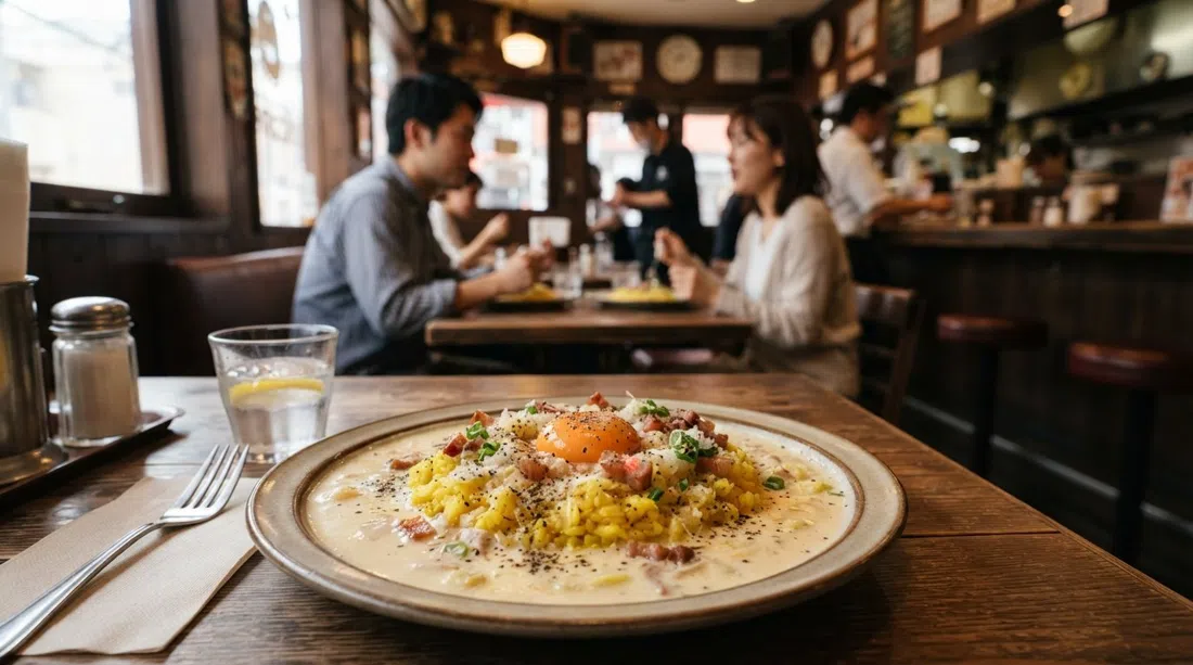 a plated rice carbonara at PLUG, turmeric rice beneath creamy sauce with a single orange yolk and black pepper in a New York diner setting