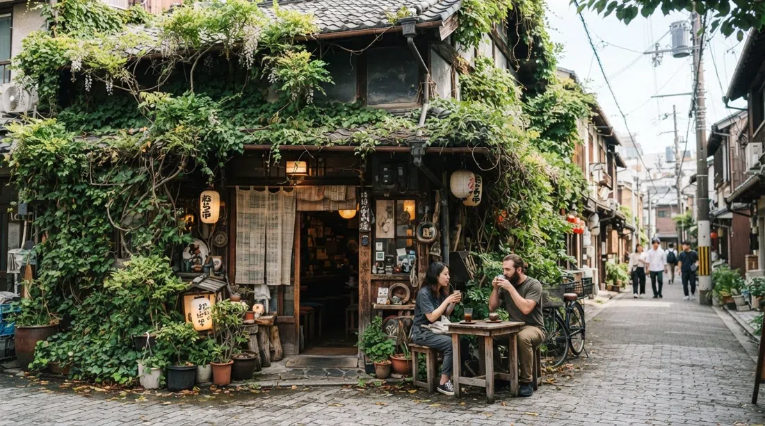 the vine-draped century-old storehouse of Salon de AManTo, with its weathered wooden beams and artistic cafe entrance
