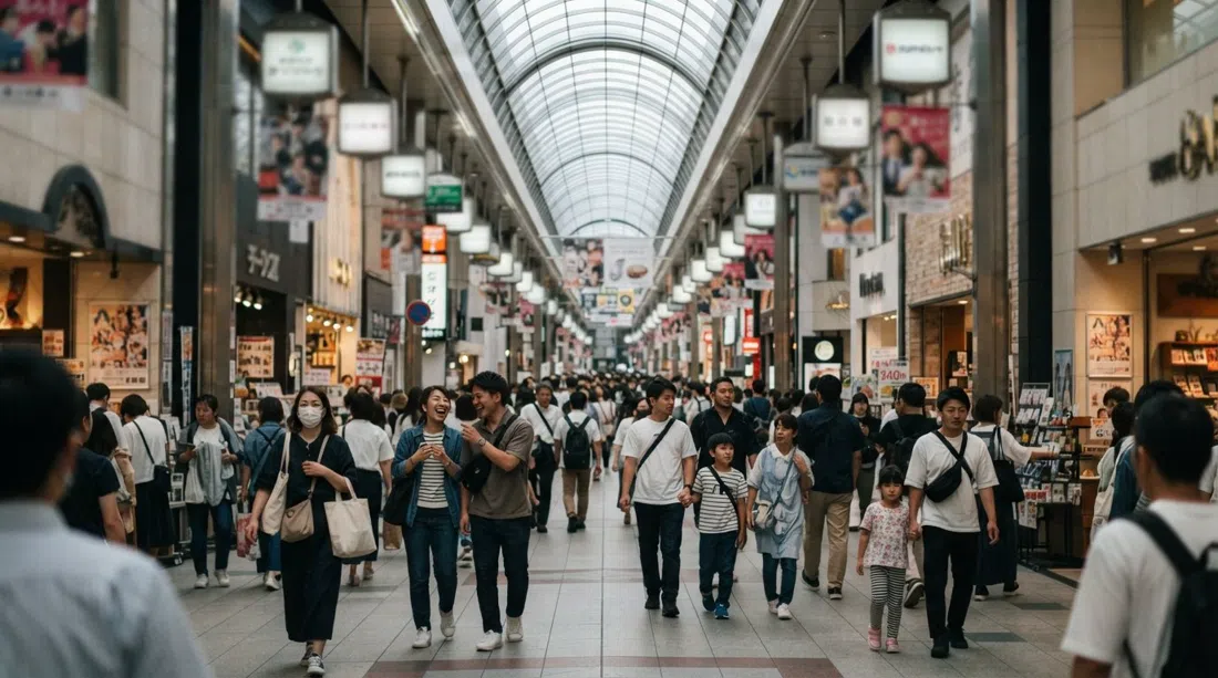 the glass-roofed Shinsaibashi-suji arcade in Osaka with shoppers under bright daylight, department-store storefronts and brand signs receding down the covered street