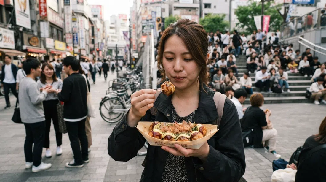 a box of Kougaryu takoyaki facing Triangle Park in Osaka, crisp octopus balls glazed with sauce and homemade egg-yolk mayonnaise, eaten standing at street level