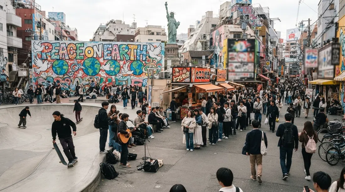 Triangle Park in Amerikamura on a busy afternoon, skaters, buskers and takoyaki queues beneath the Peace on Earth mural and the rooftop Statue of Liberty