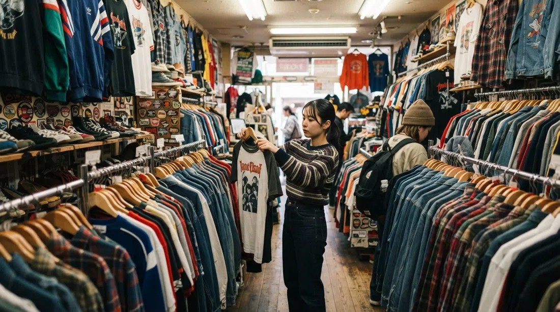 the interior of a vintage shop in Amerikamura, crowded racks of retro sportswear, band tees and denim under fluorescent light with dense secondhand browsing energy