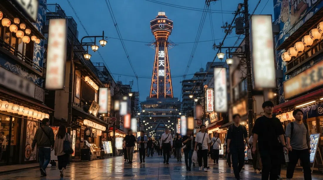 Tsutenkaku Tower rising above Shinsekai at dusk, neon beginning to glow around the 103-metre steel frame and Billiken signage