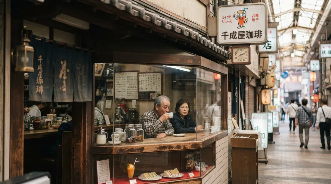 Sennariya Coffee at the southern end of Jan-Jan Yokocho, a retro kissaten window with mixed juice, sandwiches and warm morning light