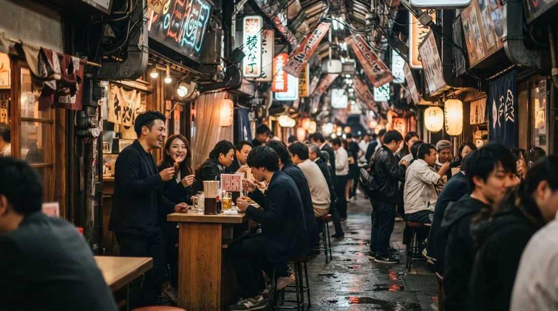 Jan-Jan Yokocho at night, neon reflected on the covered alley floor, standing-bar crowds and kushikatsu counters glowing under retro signs