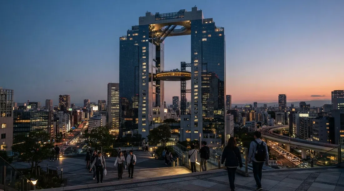 Umeda Sky Building’s twin towers and circular Floating Garden Observatory rising above Osaka at dusk, mirrored glass catching the last light