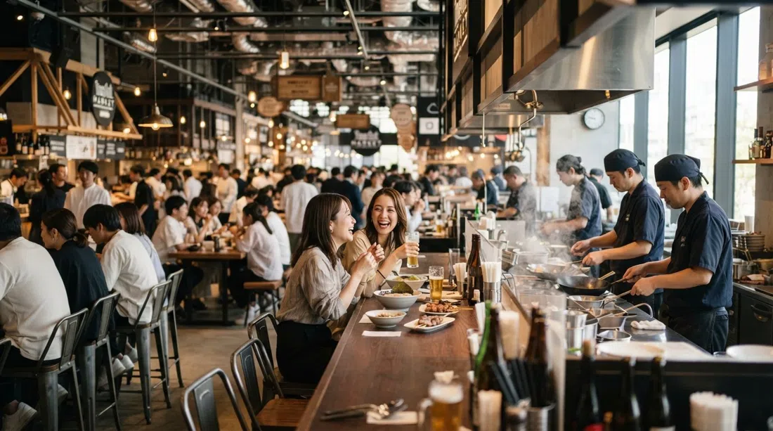 the lively interior of Time Out Market Osaka inside Grand Green, with open kitchens, bar seating and bright late-afternoon light