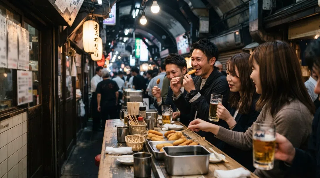 Matsuba Sohonten in Shin-Umeda Shokudogai, standing kushikatsu counter with skewers, beer glasses and the under-the-tracks alley’s tight retro atmosphere